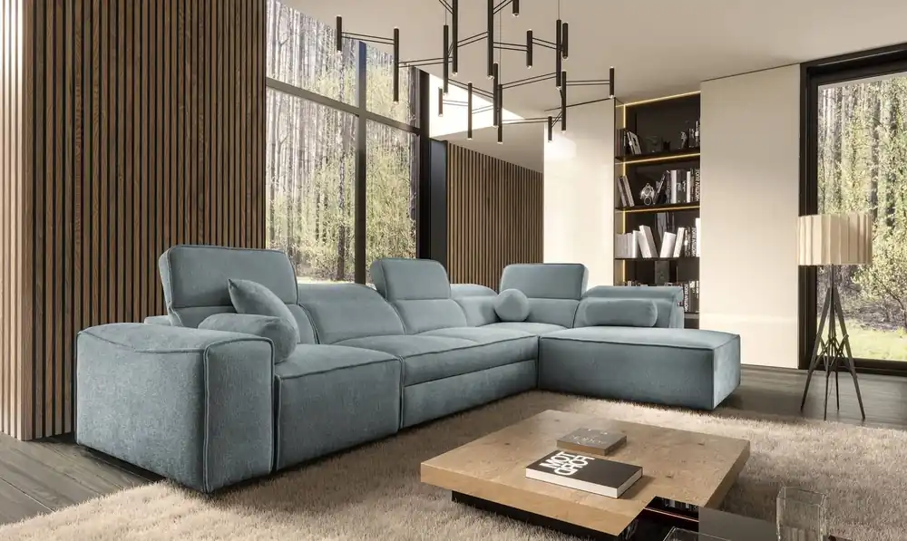 Ecksofa mit Schlaffunktion Viano XI grau blau rechte Ecke trendy und stilvoll mit verstellbaren Kopfstützen Zierkissen Günstig