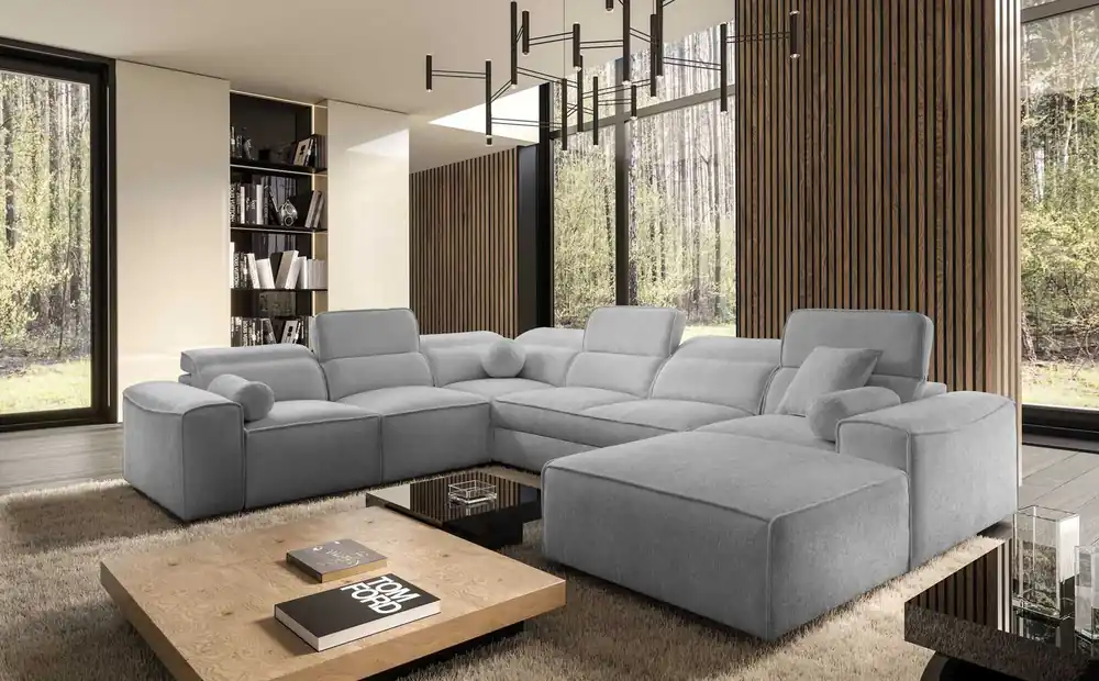 Online Kaufen Ecksofa mit Schlaffunktion Viano VIII hellgrau rechts modernes Ecksofa mit interessantem Design Container für Bettzeug
