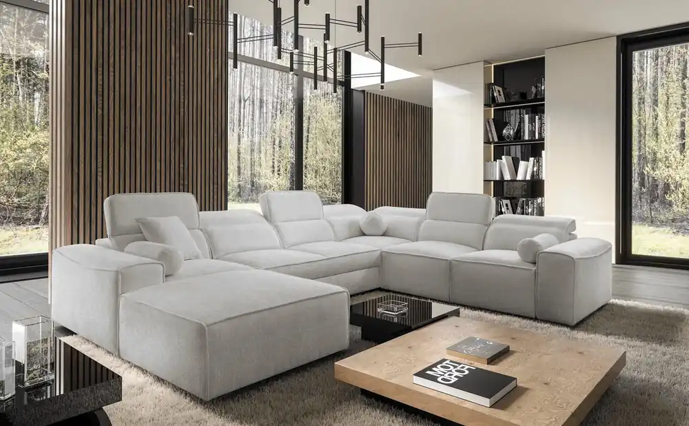 Ecksofa mit Schlaffunktion Viano VIII grau Esche links modernes Ecksofa mit interessantem Design Container für Bettzeug Neuheit