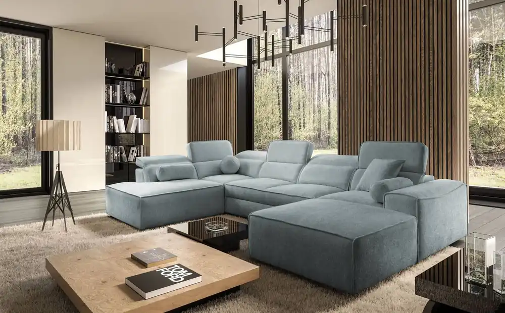 Sonderangebot Ecksofa mit Schlaffunktion Viano VI grau blau rechts Design Ecksofa für moderne Einrichtungen zwei Container für Bettzeug