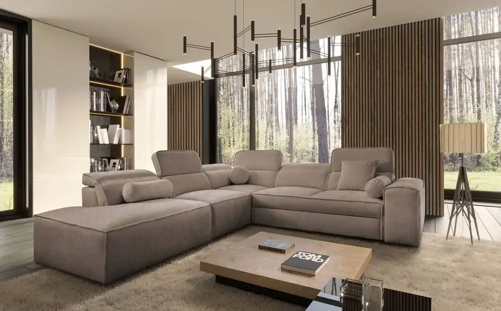 Top-Angebot Ecksofa mit Schlaffunktion Viano IX hellbraun linksseitig stilvolles Ecksofa mit Bettzeugcontainer ideales Möbelstück für ein großes Wohnzimmer