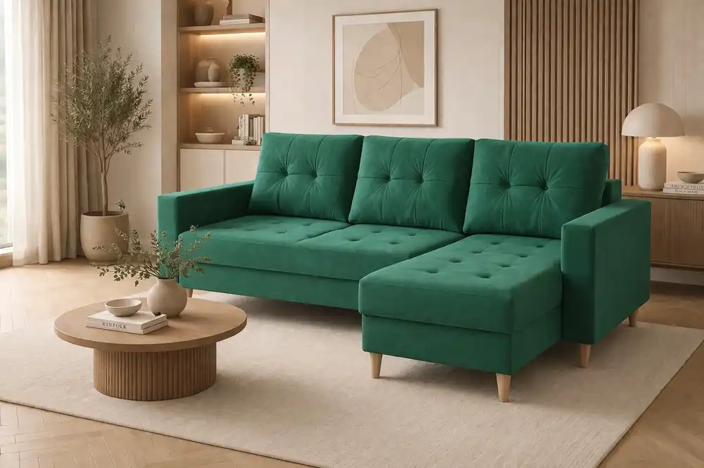 Direktkauf Ecksofa mit Schlaffunktion Vaso flaschen green universal bequemes Ecksofa für ein Wohnzimmer im skandinavischen Stil großes Bettzeugfach