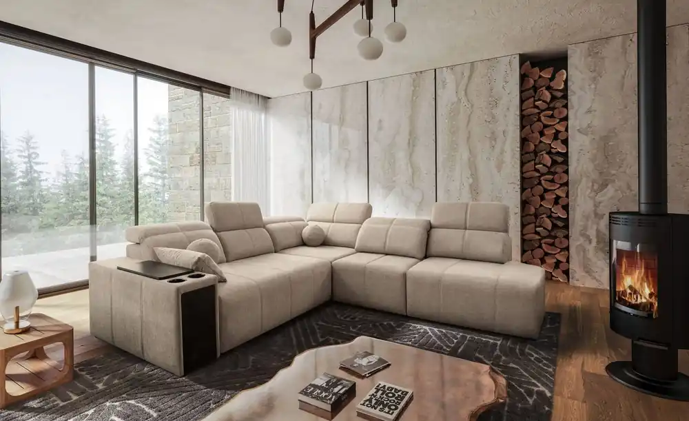 Abverkauf Ecksofa mit Schlaffunktion Tesalia IX beige rechte Ecke modernes Design komfortable Schiebelehne Schublade in der Seite des Möbels