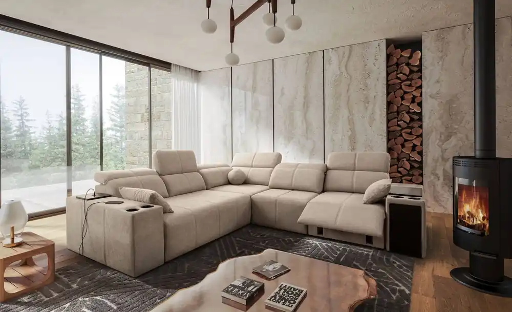 Ecksofa mit Schlaffunktion Tesalia III Lux beige rechtsseitiges Komfort-Ecksofa mit ausziehbarem Fußteil Schiebefunktion der Rückenlehne Preisknaller