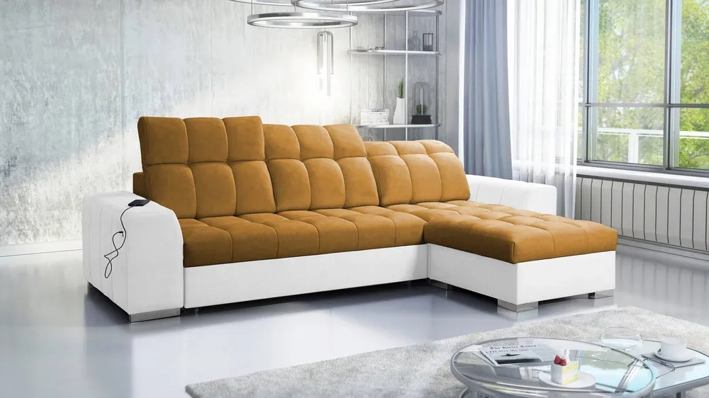 Ecksofa mit Schlaffunktion Luigi honig/weiß rechtes Ecksofa mit zwei Bettkästen Stoff mit einer interessanten Struktur Heißes Angebot