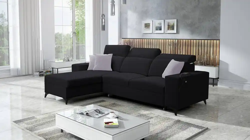 Wochenendangebot Ecksofa mit Schlaffunktion Kelly Sleek schwarz links geflochten bequem und funktional Ecksofa für Wohnzimmer