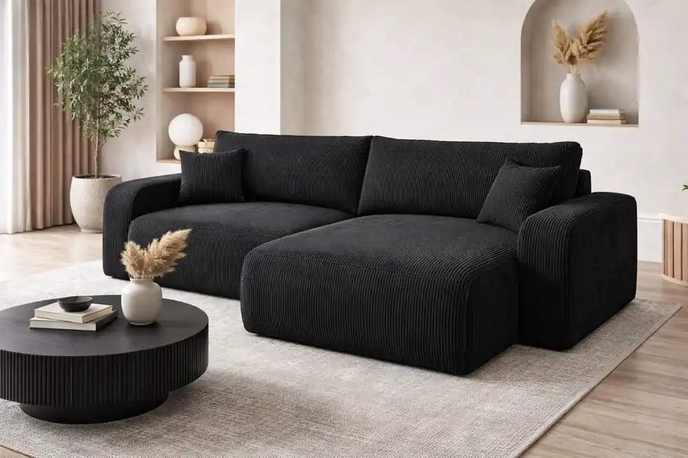 Ecksofa mit Schlaffunktion Fiesta XL schwarz universal Ecksofa mit Bettzeugstauraum stilvoller Cordstoff Solange Der Vorrat Reicht