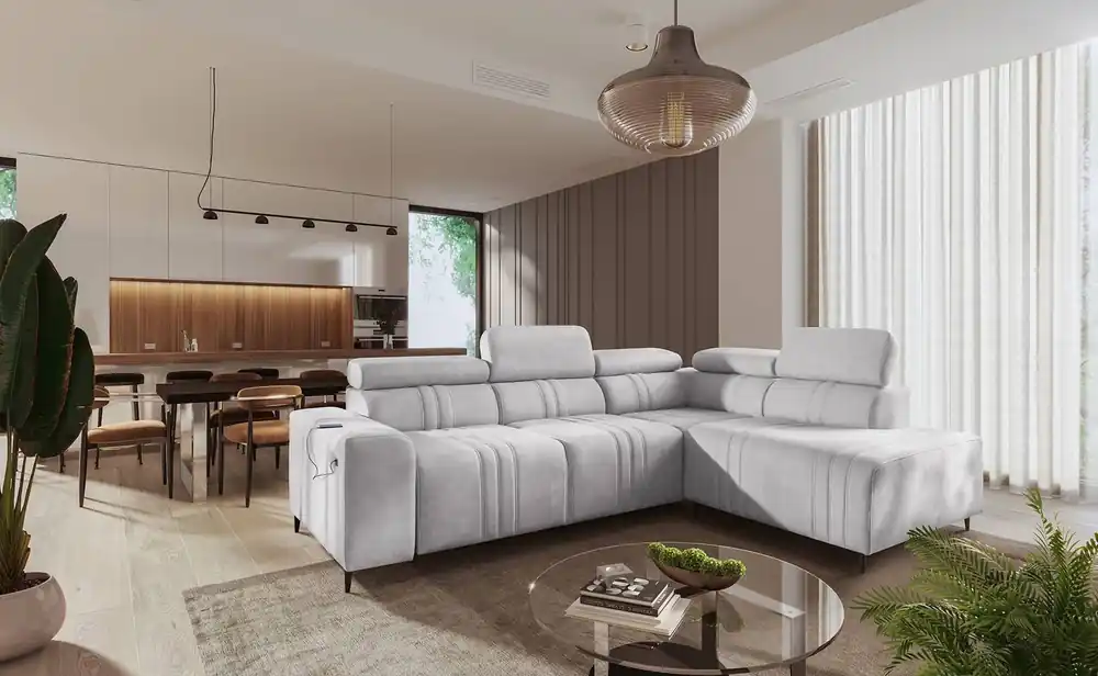 Ecksofa mit Schlaffunktion Castel VII grau Esche rechts stilvolles Ecksofa mit Bettzeugablage und verstellbaren Kopfstützen Top-Preis