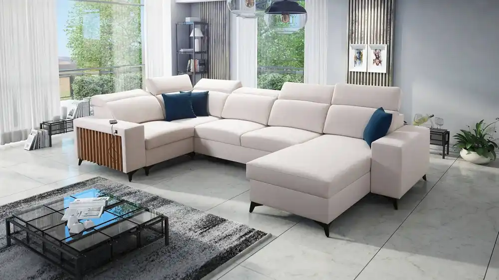 Ecksofa mit Schlaffunktion Kelly IV elfenbeinfarbener rechtsseitiger Samt komfortables Ecksofa verstellbare Kopfstützen Seitenteil mit Lamellenbesatz Top-Angebot