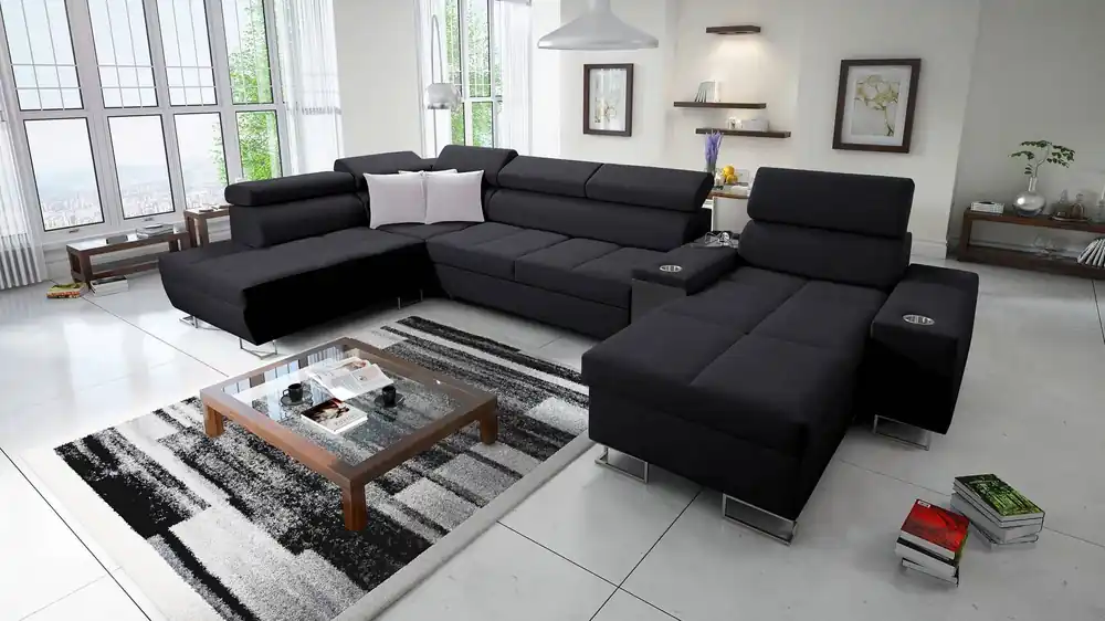 Echt Ecksofa mit Schlaffunktion Dafni V schwarz rechts geflochtenes bequemes Ecksofa mit verstellbaren Kopfstützen