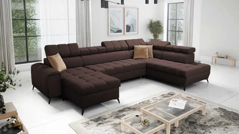 Neue Kollektion Ecksofa mit Schlaffunktion Bolmso VI braun links bequemes Ecksofa mit verstellbaren Kopfstützen dekorative Steppung auf der Sitzfläche
