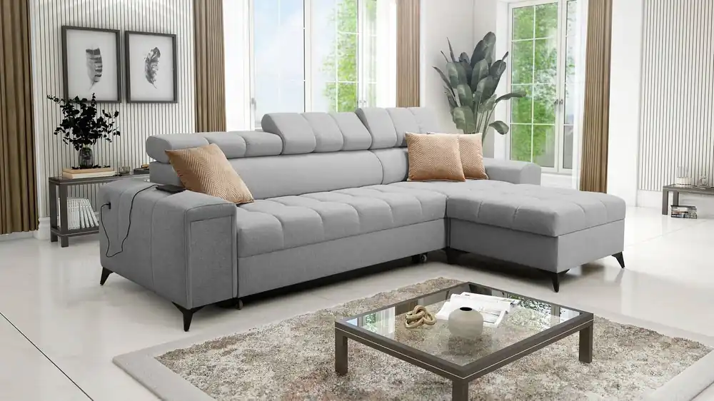 Geprüft Ecksofa mit Schlaffunktion Bolmso grau rechtsseitiges Ecksofa mit zwei Bettkästen praktische Schublade in der Seite des Möbels
