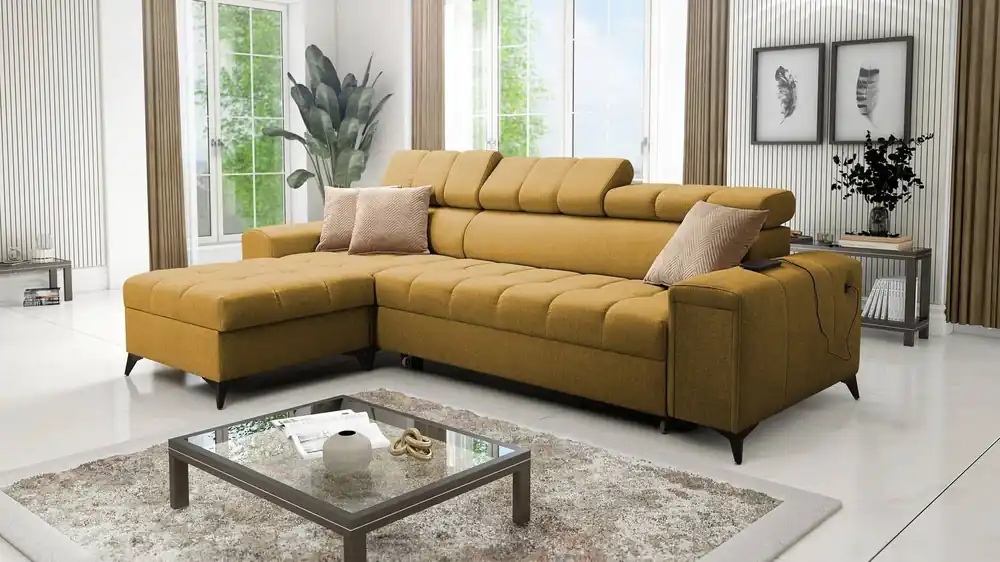 Top-Angebot Ecksofa mit Schlaffunktion Bolmso Senf linkes Ecksofa mit zwei Bettzeugkästen praktische Schublade in der Seite des Möbels