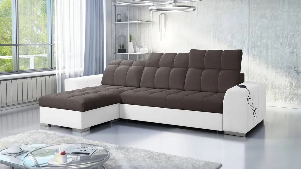Ecksofa mit Schlaffunktion Luigi braun / weiß links Ecksofa mit zwei Bettkästen Stoff mit interessanter Struktur Garantierte Lieferung