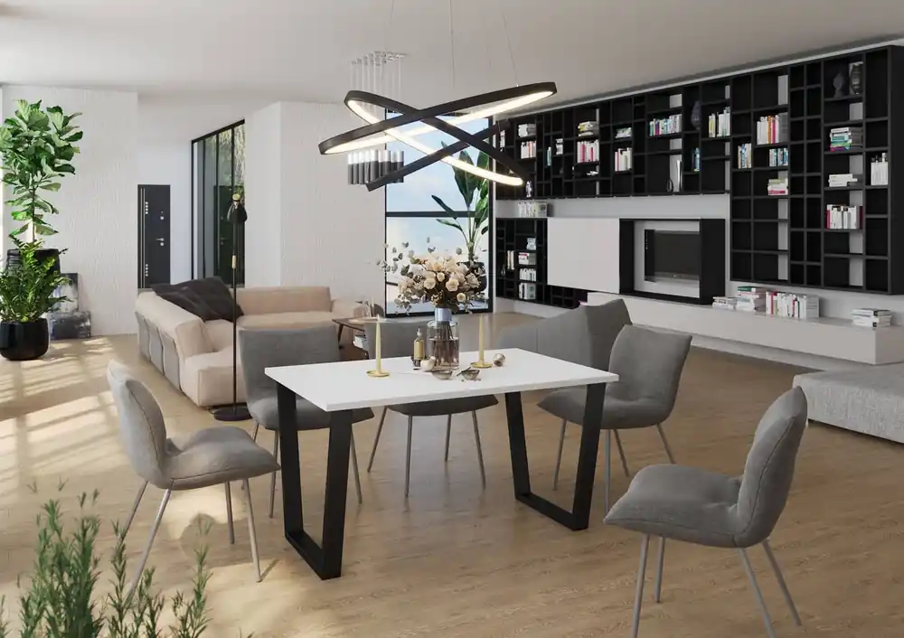 Direktkauf Woburn Tisch 138x67 cm weiß/schwarz schlichte Form des Möbels angereichert mit stilvollen schwarzen Beinen im Loft-Stil auslaufsichere Platte