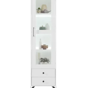 Mega-Angebot Vitrine Skien 50 cm glänzend weiß elegantes Design schlichte Form des Möbels angereichert mit stilvollen Metallelementen schwarze Beine Elemente aus Sicherheitsglas