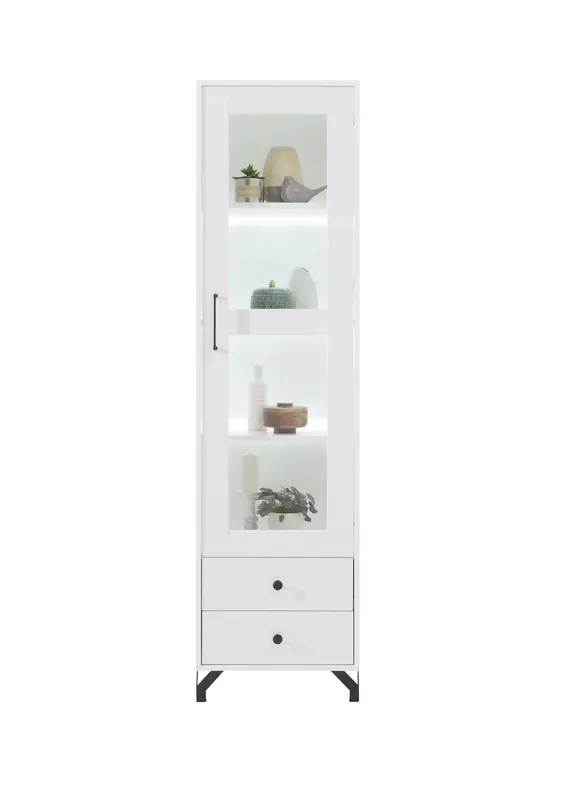Mega-Angebot Vitrine Skien 50 cm glänzend weiß elegantes Design schlichte Form des Möbels angereichert mit stilvollen Metallelementen schwarze Beine Elemente aus Sicherheitsglas