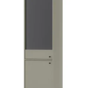 Vitrine Kioto I 52 cm Eukalyptus stilvolles Design sicheres gehärtetes Glas Vitrine auf einem Metallsockel unterstützt Top-Seller
