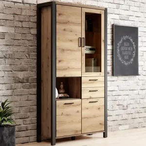 Beliebt Aktiv 100 cm Eiche taurus / schwarz stilvolles Design sichere Vitrine aus gehärtetem Glas mit Schublade im industriellen Stil
