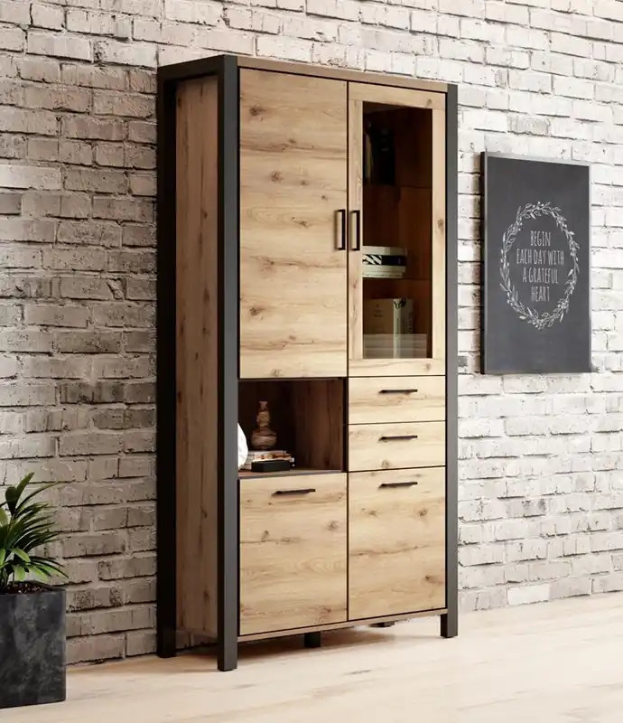 Beliebt Aktiv 100 cm Eiche taurus / schwarz stilvolles Design sichere Vitrine aus gehärtetem Glas mit Schublade im industriellen Stil