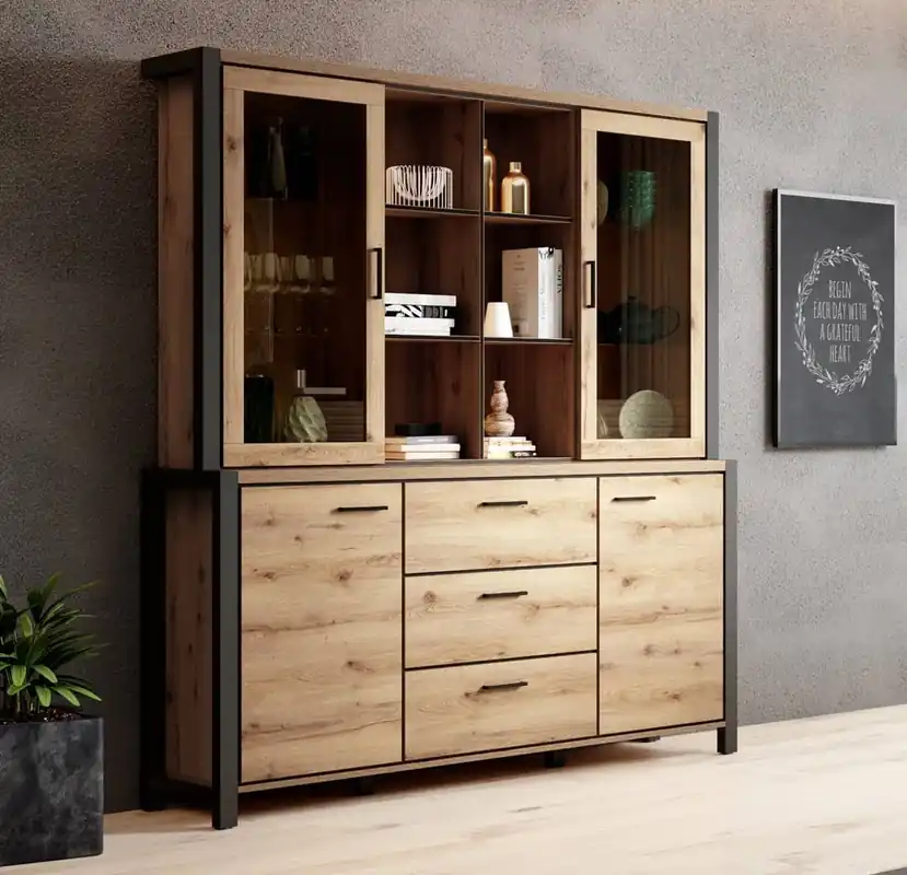 Activ Sideboard 180 cm Eiche taurus / schwarz modernes Design sicheres gehärtetes Glas stilvolle Metallgriffe geräumige Schubladen Saisonangebot