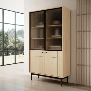 Vitrine Modesta 104 cm eiche linea elegante Vitrine für Wohnzimmer mit minimalistischem Design geriffeltes gehärtetes Glas Top-Angebot