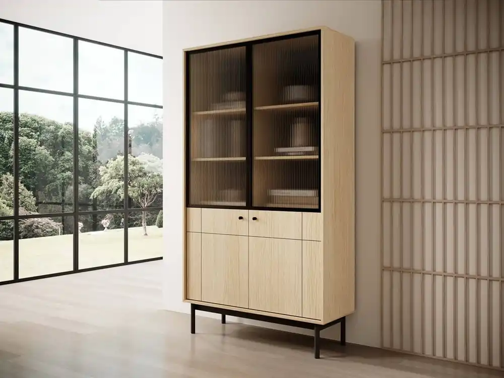 Vitrine Modesta 104 cm eiche linea elegante Vitrine für Wohnzimmer mit minimalistischem Design geriffeltes gehärtetes Glas Top-Angebot