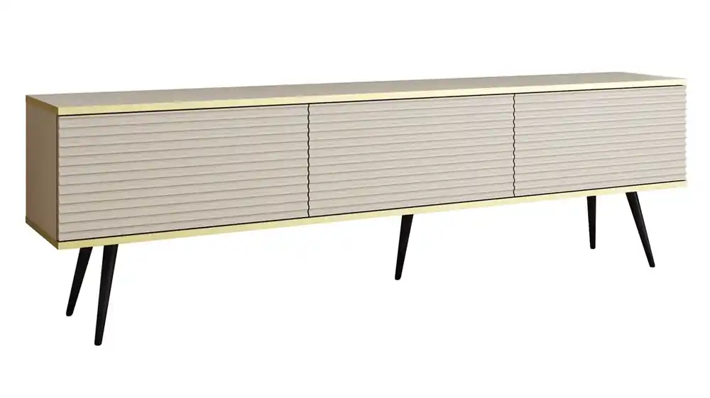 TV-Schrank Luxury 175 cm beige elegantes Design stilvolle geriffelte Front Korpus mit goldener Zierleiste schwarze Metallbeine gekrönt Sichere Zahlung
