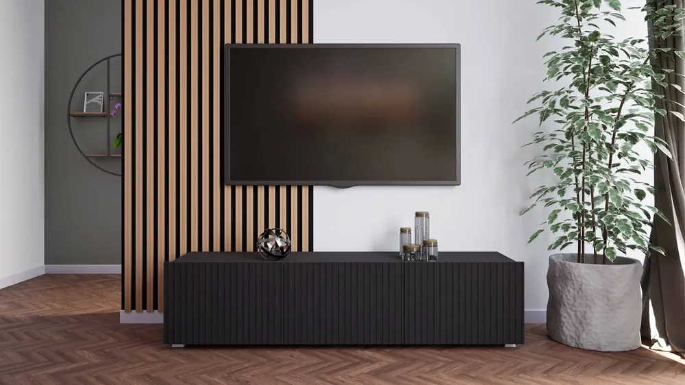 Must-Have RTV Schrank Colder 150 cm schwarz mit Möglichkeit der Aufhängung stilvolle geriffelte Front elegante Form der Möbel in einem modernen Stil