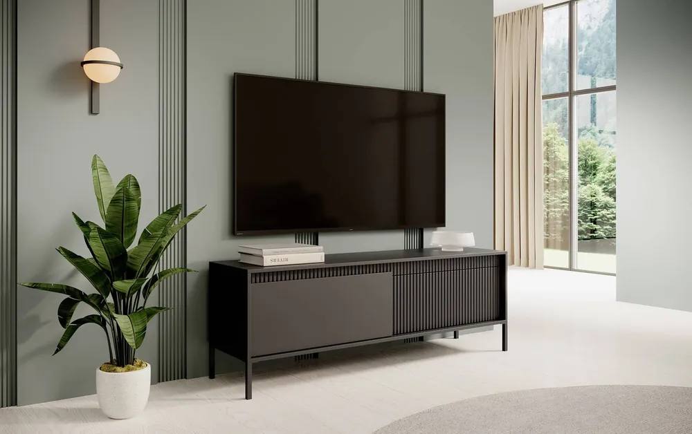 Highlight RTV Schrank Sesti 154 cm schwarz elegante Form des Möbels in einem modernen Stil Push-to-Open-System stabilen Metallbasis