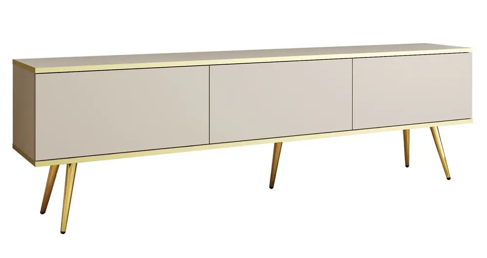 TV-Schrank Luxury 175 cm beige elegantes Design, Korpus mit goldener Zierleiste, Schrank auf goldenen Metallbeinen Neuheit