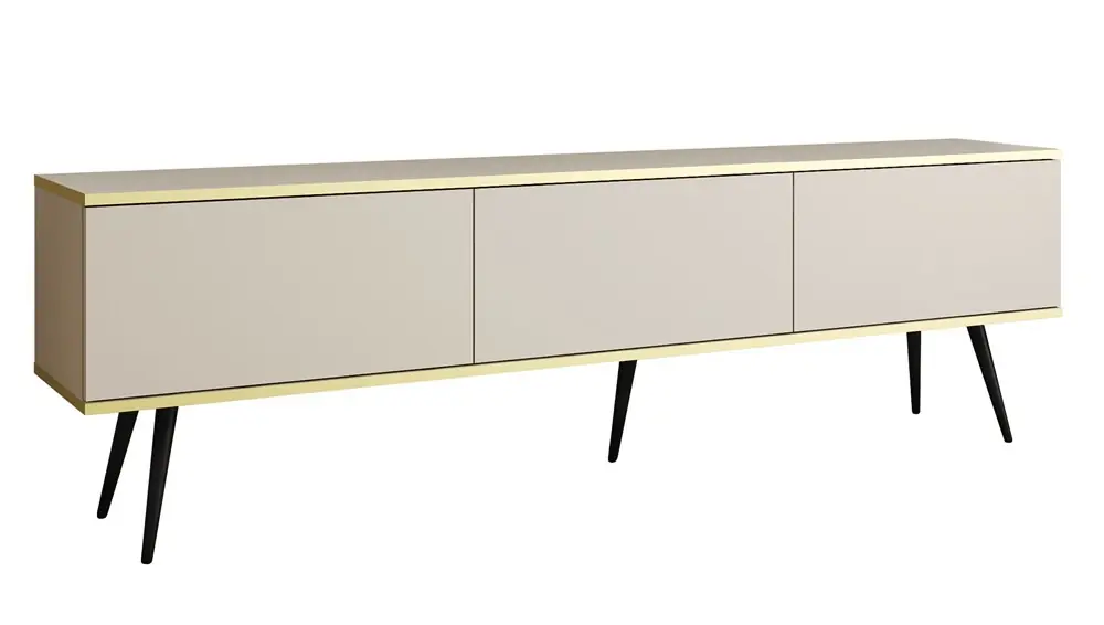 Zertifiziert TV-Schrank Luxury 175 cm beige eleganter Design-Korpus mit goldener Zierleiste Schrank auf schwarzen Metallbeinen