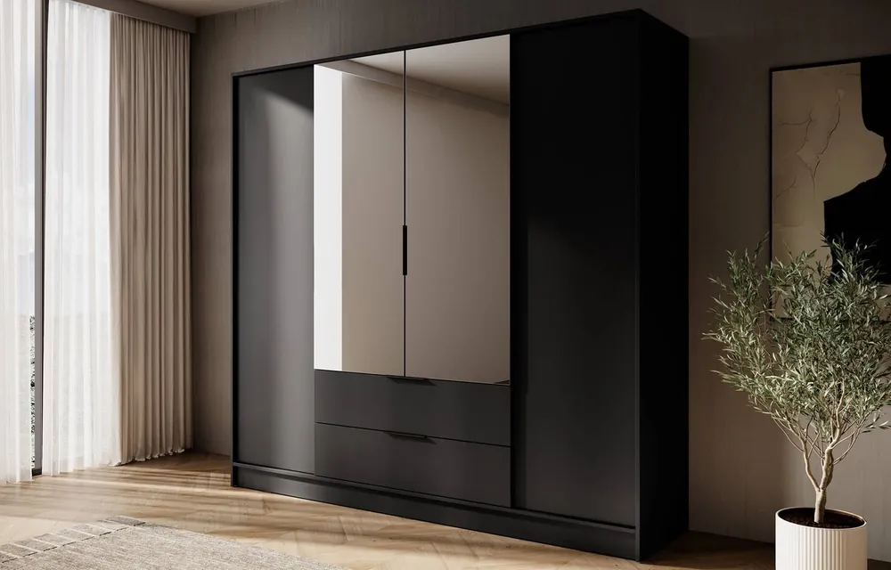 Spiegelschrank Corse 200 cm schwarz modernes Design idealer Kleiderschrank für Schlafzimmer oder Flur geräumige Schubladen Bestpreis
