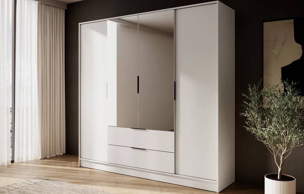 Rabatt Spiegelschrank Corse 200 cm beige modernes Design idealer Kleiderschrank für Schlafzimmer oder Flur geräumige Schubladen