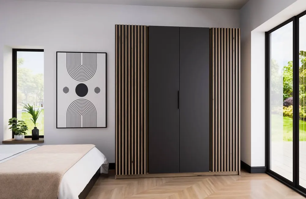 Billig Kleiderschrank Kastano XI 200 cm Eiche evoke / schwarz modernes Design Kleiderschranktür mit Eiche evoke Lamellen dekoriert stilvolle Griffe