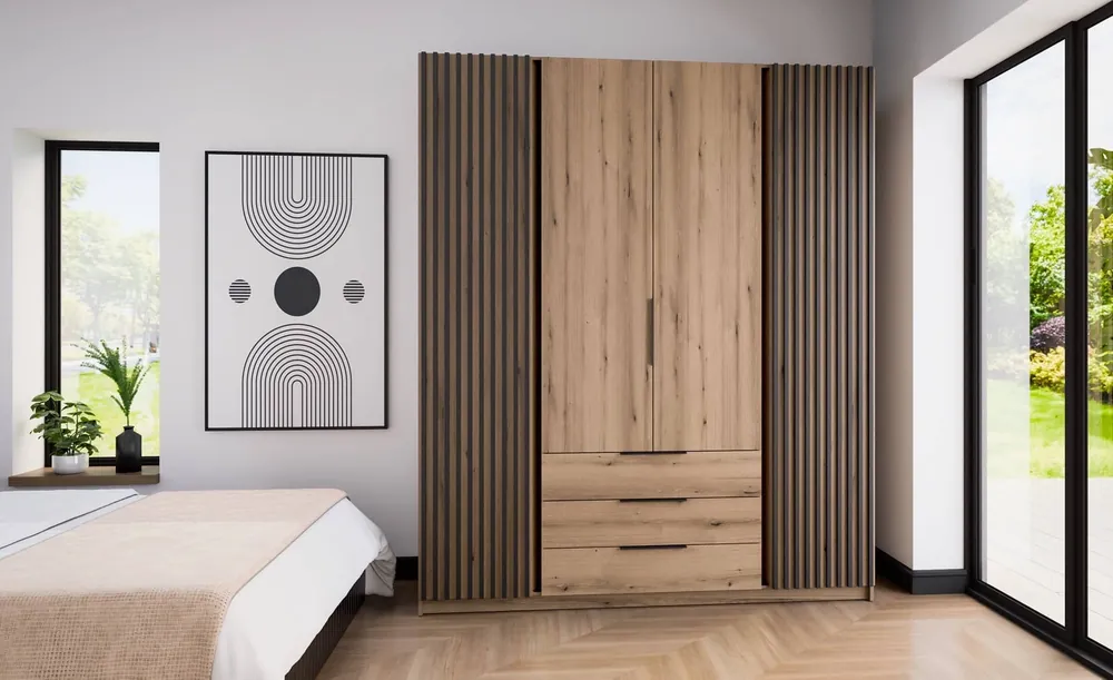 Markenware Kleiderschrank Kastano IV 200 cm Eiche evoke modernes Design Kleiderschranktür mit schwarzen Lamellen verziert Metallkante Griffe