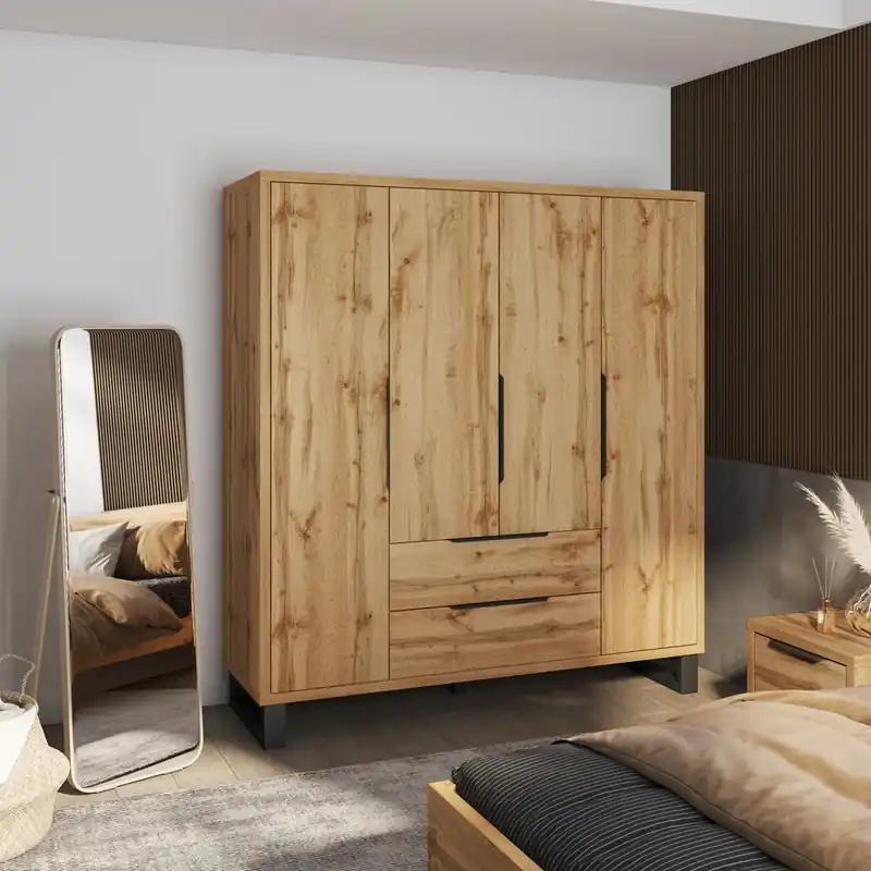 Kleiderschrank Halle S 191 cm Eiche wotan stilvoller Design Kleiderschrank für Schlafzimmer oder Ankleidezimmer im Loft-Stil Kantengriffe geräumige Schubladen Bestpreis