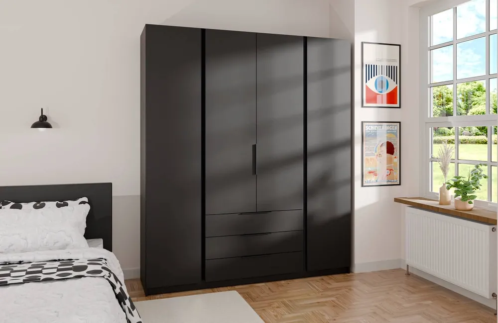 Kastano Kleiderschrank 200 cm schwarz stilvolles Design Metallkantengriffe idealer Kleiderschrank für Schlafzimmer geräumige Schubladen Bestseller
