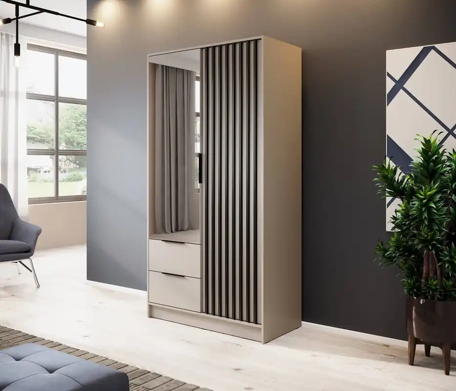Direkt Vom Hersteller Spiegelschrank Aspen 105 cm Beige / schwarze Lamellen modernes Möbeldesign Schranktür mit Lamellen verziert
