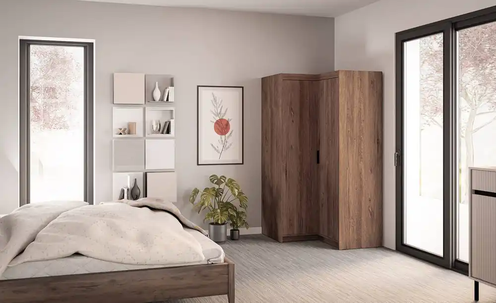 Rene Eck Kleiderschrank Eiche lefkas stilvolles Design ABS Einfassung Schlafzimmer Kleiderschrank Fronten in mattem Finish schwarz Griffe Neu