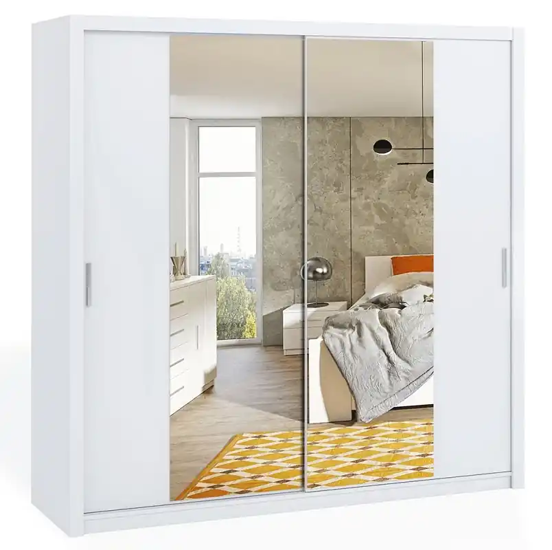 Kleiderschrank mit Spiegel Rico 220 cm weiß Funktionsmöbel im klassischen Stil Kleiderschrank für das Schlafzimmer oder den Flur Super-Preis