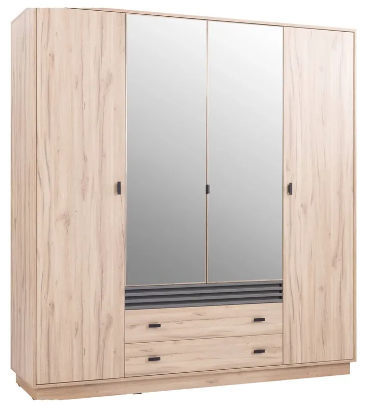 Kleiderschrank mit Spiegel Estan 200 cm Eiche hell/anthrazit modernes Möbeldesign Schranktür mit Lamellen verziert Letzte Chance