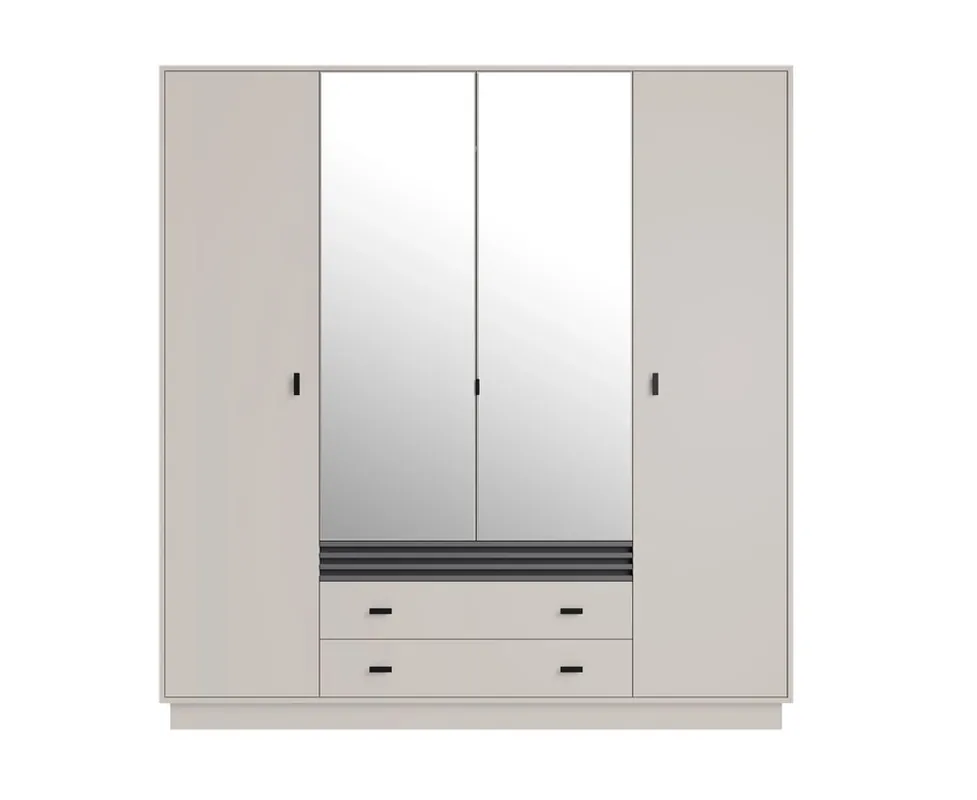 Sale Kleiderschrank mit Spiegel Estan 200 cm beige/anthrazit modernes Möbeldesign Schranktür mit Lamellen verziert