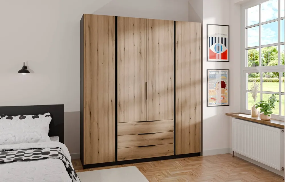 Knallerangebot Kastano Kleiderschrank 200 cm schwarz / Eiche evoke stilvolles Design Metallkante Griffe ideal Kleiderschrank für Schlafzimmer geräumige Schubladen