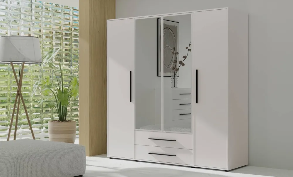 Spiegelschrank Maxione 198 cm weiß geräumiger Kleiderschrank für Schlafzimmer Jugendzimmer oder Flur angereichert mit Schubladen Neue Kollektion
