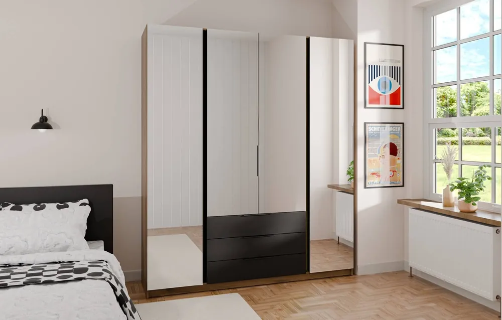 Must-Have Spiegelschrank Kastano VI 200 cm Eiche evoke / schwarz klassische Form Kantengriffe idealer Kleiderschrank für Schlafzimmer geräumige Schubladen