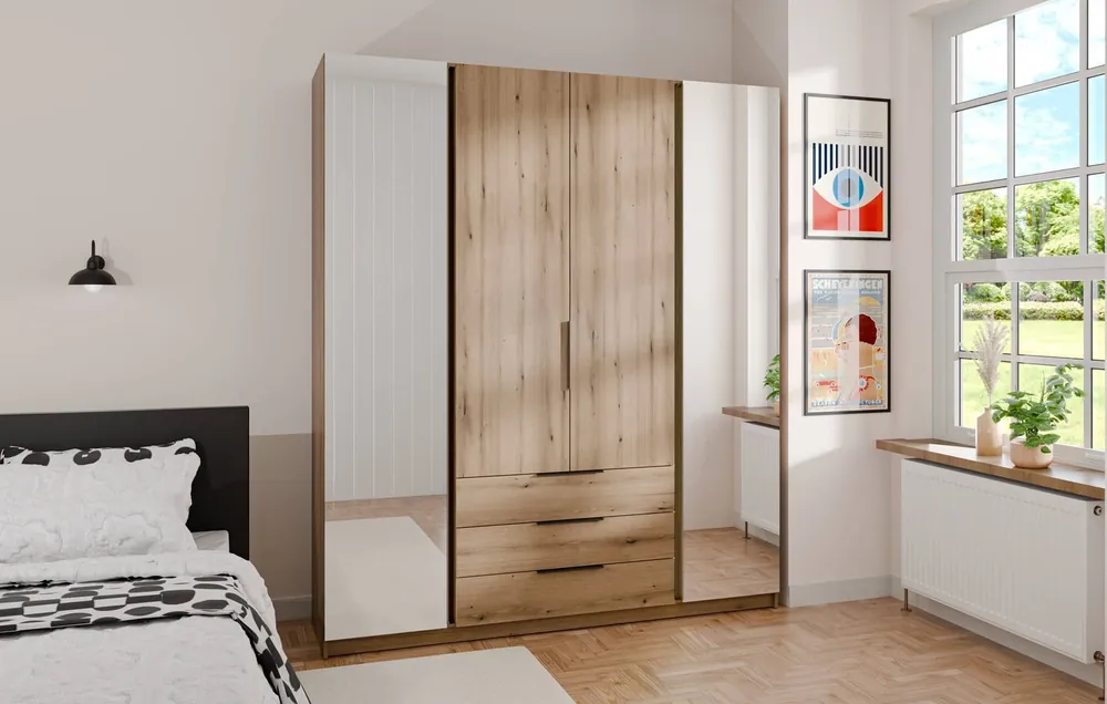 Geprüft Spiegelschrank Kastano II 200 cm Eiche evozieren klassische Form Rand Griffe ideal Kleiderschrank für Schlafzimmer geräumige Schubladen