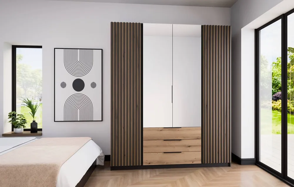 Aktuell Spiegelschrank Kastano V 200 cm schwarz / Eiche evoke stilvolle Garderobe Design für Flur Garderobentüren mit schwarzen Lamellen verziert