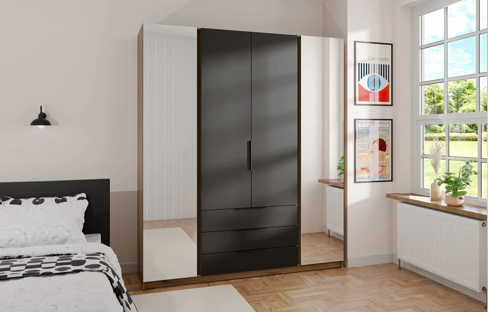 Spiegelschrank Kastano II 200 cm Eiche evoke / schwarz klassische Form Kantengriffe idealer Kleiderschrank für Schlafzimmer geräumige Schubladen Finale Aktion