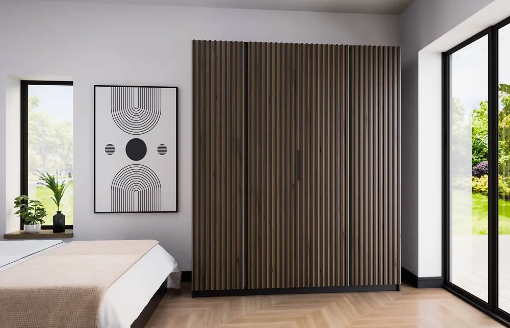Kleiderschrank Kastano XV 200 cm schwarz modernes Design Türen mit Eiche verziert evoke Lamellen ideale Garderobe für Schlafzimmer Direkt Vom Hersteller